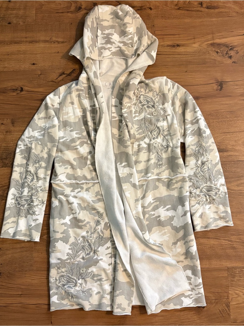 Caite & Kyla Light Beige Camo Hooded Cardigan with Floral Embroidery